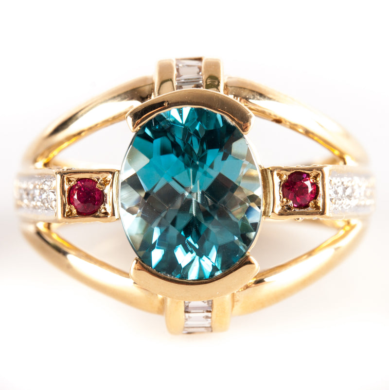 18k Yellow Gold Oval London Blue Topaz Ruby Diamond Cocktail Ring 3.835ctw 8.25g