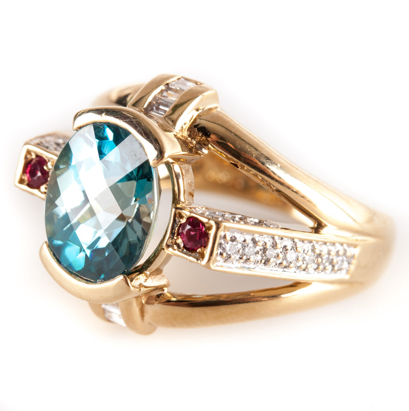 18k Yellow Gold Oval London Blue Topaz Ruby Diamond Cocktail Ring 3.835ctw 8.25g