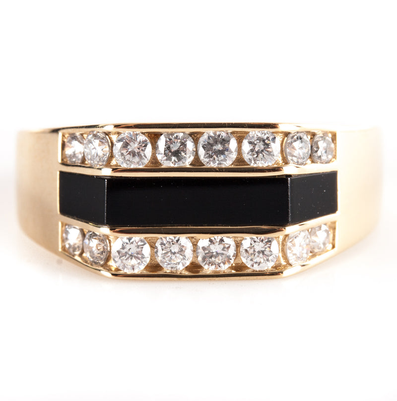 14k Yellow Gold Round Diamond Inlay Onyx Channel Set Cocktail Ring .44ctw