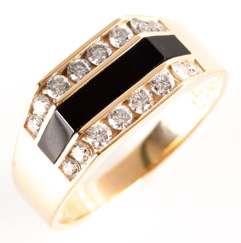14k Yellow Gold Round Diamond Inlay Onyx Channel Set Cocktail Ring .44ctw