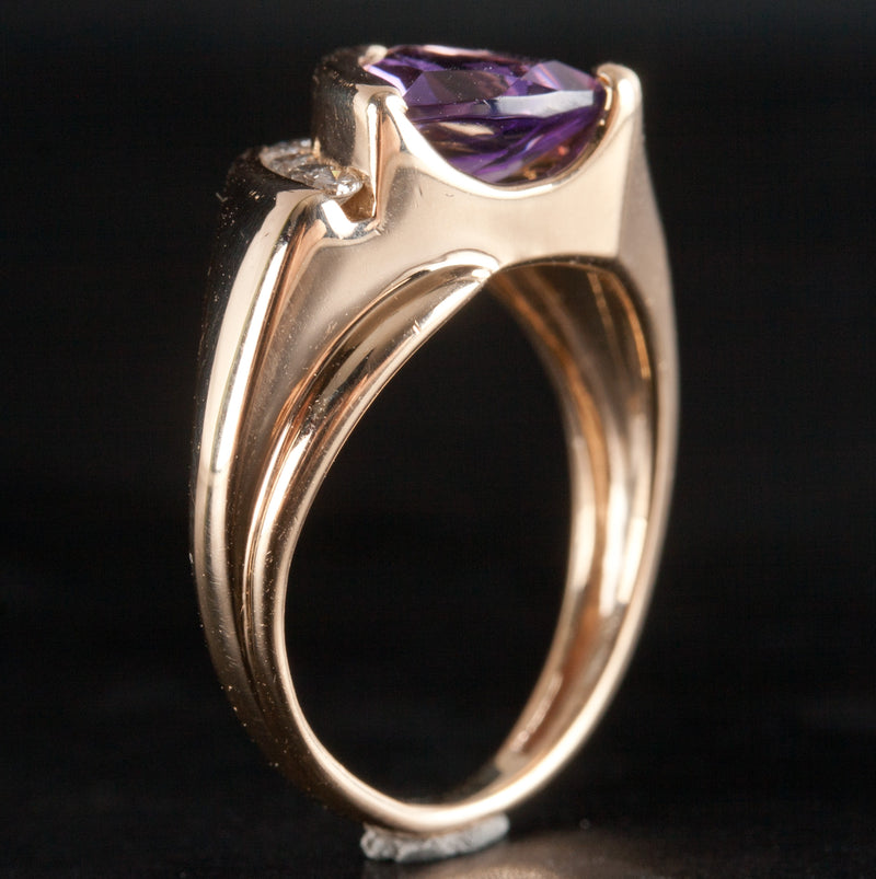 14k Yellow Gold Trillion Amethyst Solitaire Ring W/ Diamond Accents 1.05ctw
