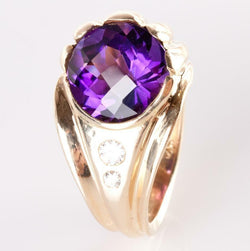 14k Yellow Gold Amethyst Solitaire Cocktail Ring W/ Diamond Accents 14.16ctw
