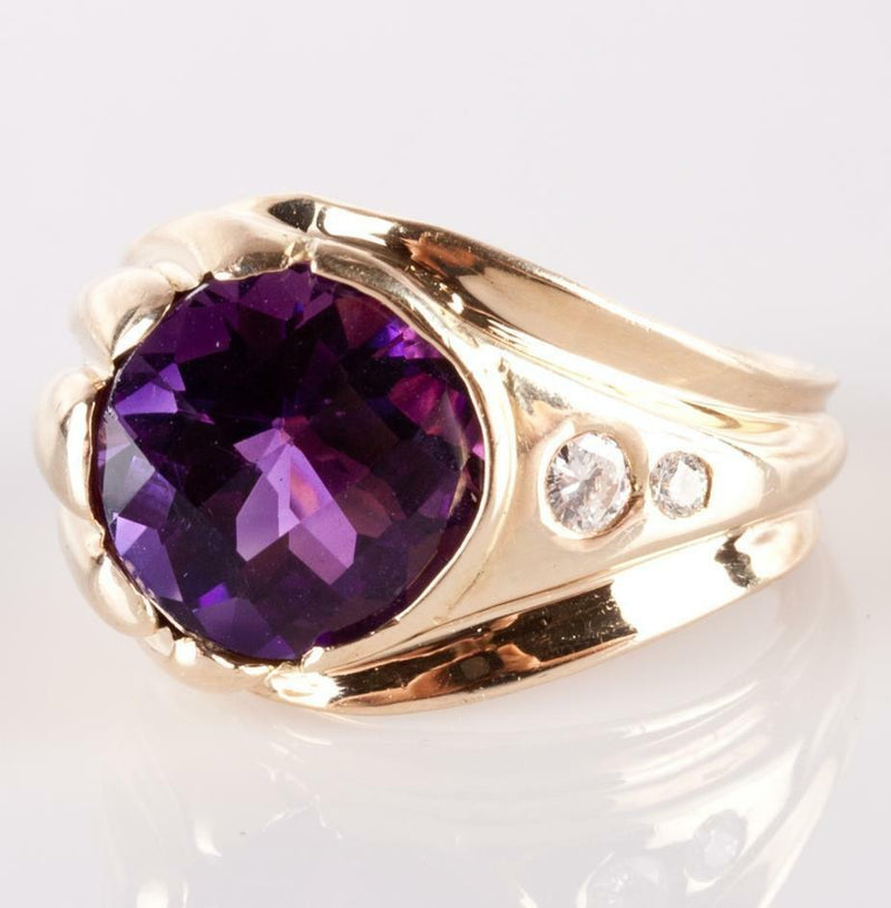 14k Yellow Gold Amethyst Solitaire Cocktail Ring W/ Diamond Accents 14.16ctw