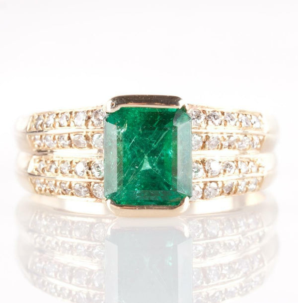 14k Yellow Gold Emerald Cut Emerald Solitaire Ring W/ Diamond Accents 1.50ctw
