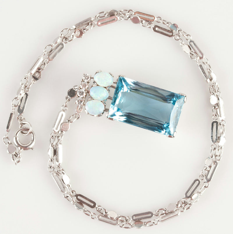 Vintage 1970's Platinum 18ct AAA Aquamarine Necklace W/ Opal & Diamond Accents