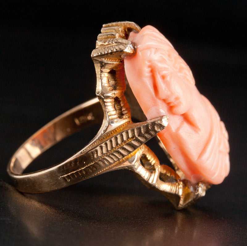 Vintage 1930's 10k Yellow Gold Oval Cut "AAA" Coral Female Bust Cameo Ring