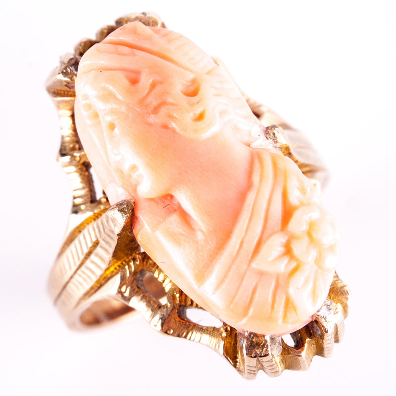 Vintage 1930's 10k Yellow Gold Oval Cut "AAA" Coral Female Bust Cameo Ring