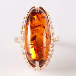 14k Rose Gold Oval Cabochon Cut Natural Amber Solitaire Ring 5.9ct