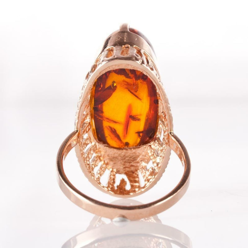 14k Rose Gold Oval Cabochon Cut Natural Amber Solitaire Ring 5.9ct