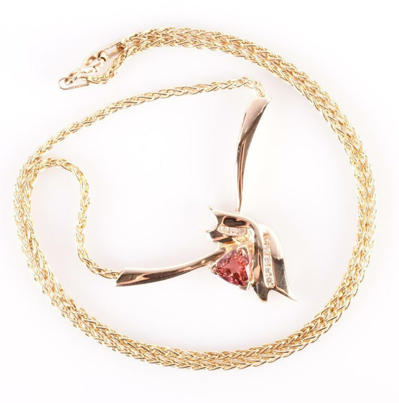 14k Yellow Gold Trillion Cut Pink Tourmaline & Diamond Necklace .79ctw