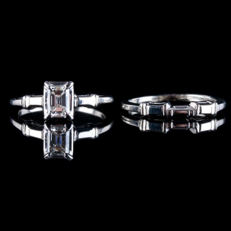 14k White Gold Emerald Cut Diamond Solitaire Engagement / Wedding Ring Set .70ct