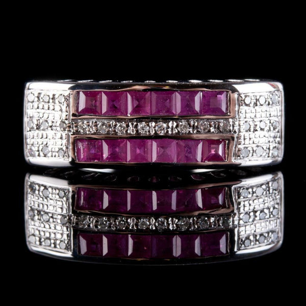 Vintage 1960's 18k White Gold Square Cut Ruby & Diamond Cocktail Ring .66ctw