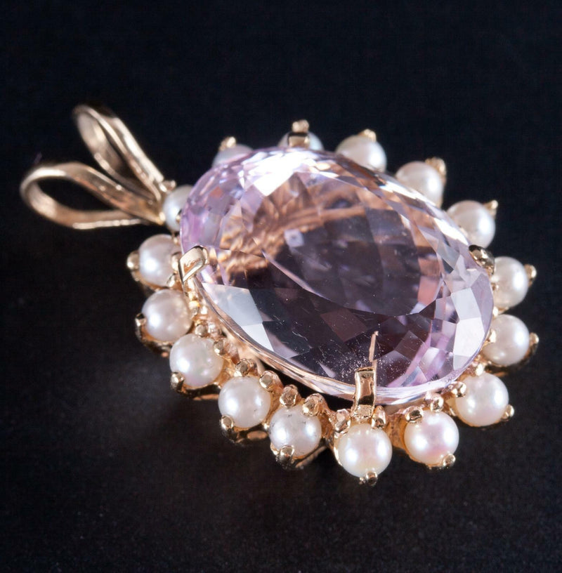 14k Yellow Gold Oval Cut Kunzite & Cultured Freshwater Pearl Pendant 14.7ct