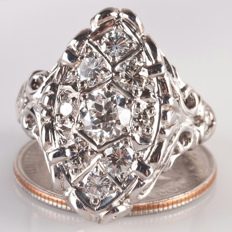 Vintage 1960's 14k White Gold Old European Diamond Cluster Cocktail Ring 1.58ctw