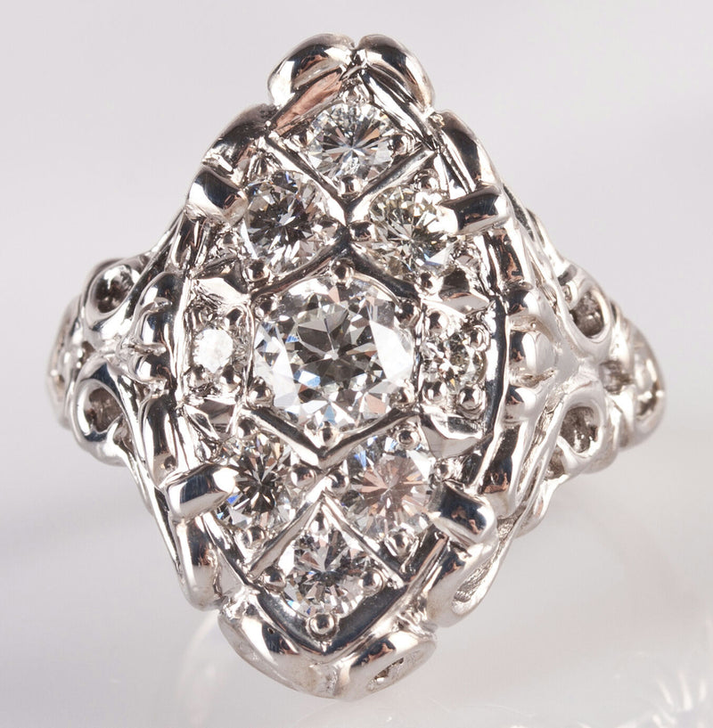 Vintage 1960's 14k White Gold Old European Diamond Cluster Cocktail Ring 1.58ctw