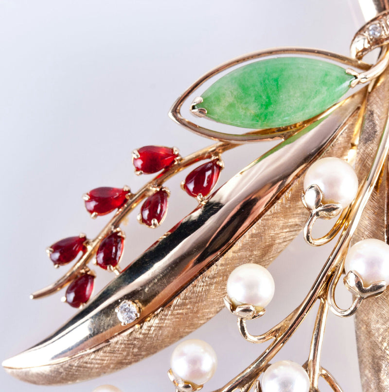 Vintage 1930's 14k Yellow Gold Jade / Pearl / Ruby / Diamond Brooch .39ctw