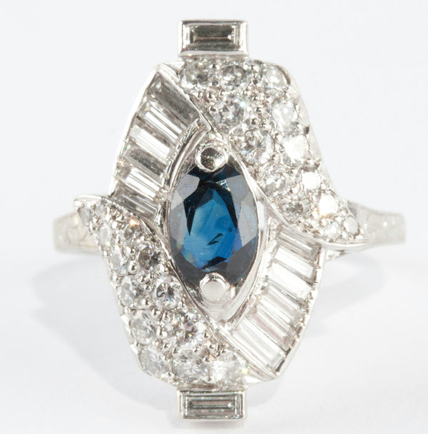 Stunning Vintage 1940's 18k White Gold Sapphire & Diamond Cocktail Ring 1.83ctw