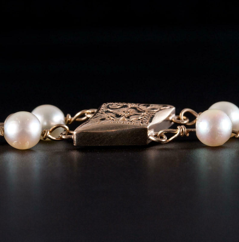 Vintage 1960's 14k Yellow Gold Cultured Pearl Floral Bracelet 7.5" Length