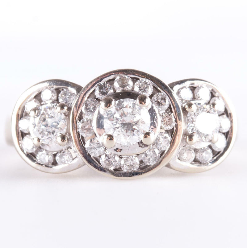 14k White Gold Round Cut Diamond Three-Stone Halo Style Engagement Ring 1.17ctw