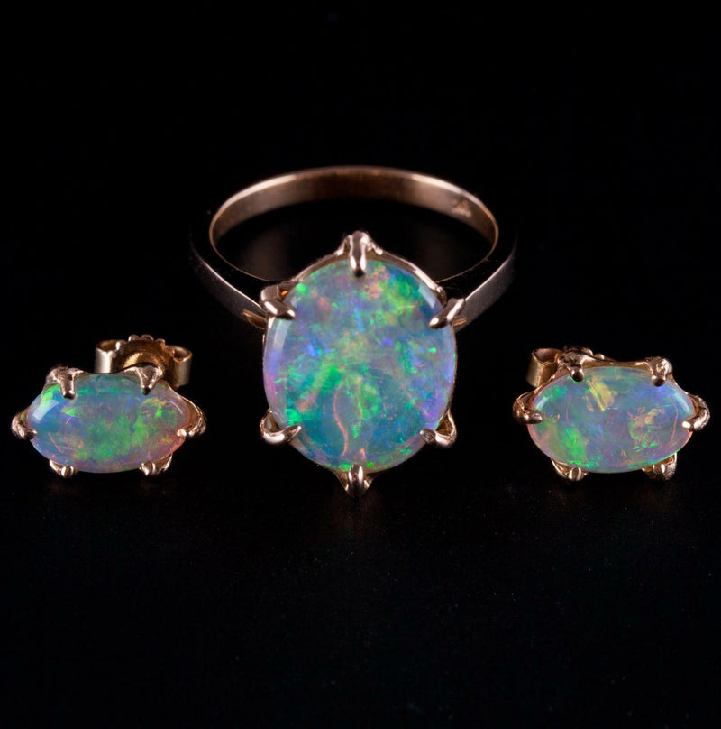 18k Yellow Gold Oval Cabochon Cut "AAA" Opal Solitaire Ring & Earring Set 5.3ctw
