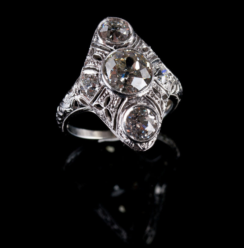 Vintage 1900's 18k White Gold Three-Stone Diamond Engagement Ring 2.83ctw