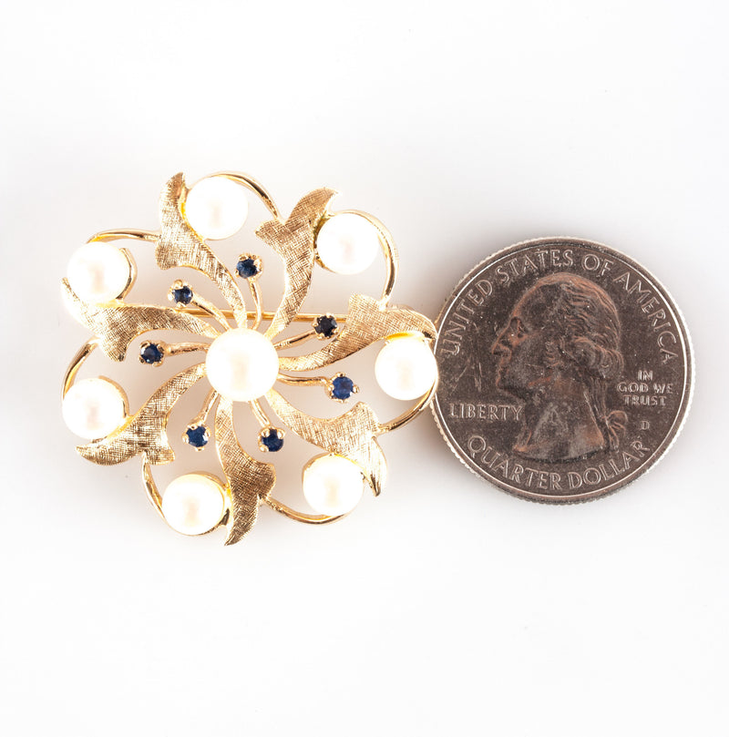 Vintage 1950's 14k Yellow Gold Cultured Pearl & Sapphire Brooch / Pin .28ctw
