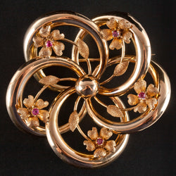Vintage 1940's 18k Yellow Gold Round Ruby Floral Flower Brooch / Pin .20ctw