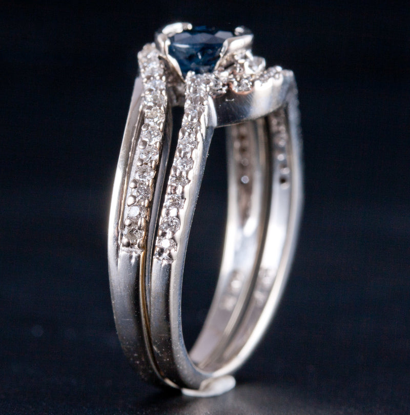 14k White Gold Round Montana Sapphire & Diamond Wedding Ring Set .965ctw