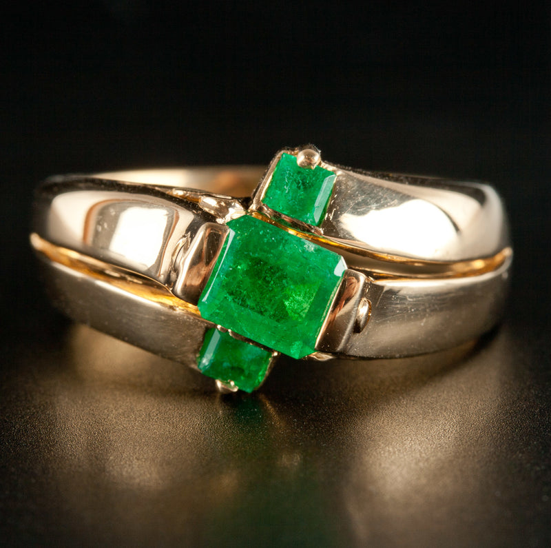 18k Yellow Gold Emerald Shaped Emerald Three Stone Cocktail Ring .79ctw 5.8g