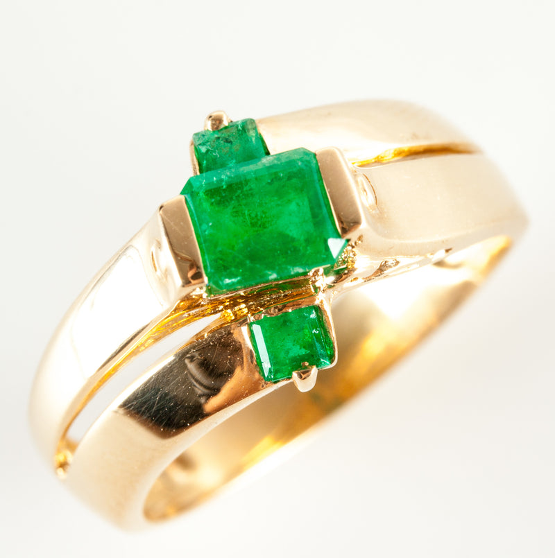 18k Yellow Gold Emerald Shaped Emerald Three Stone Cocktail Ring .79ctw 5.8g