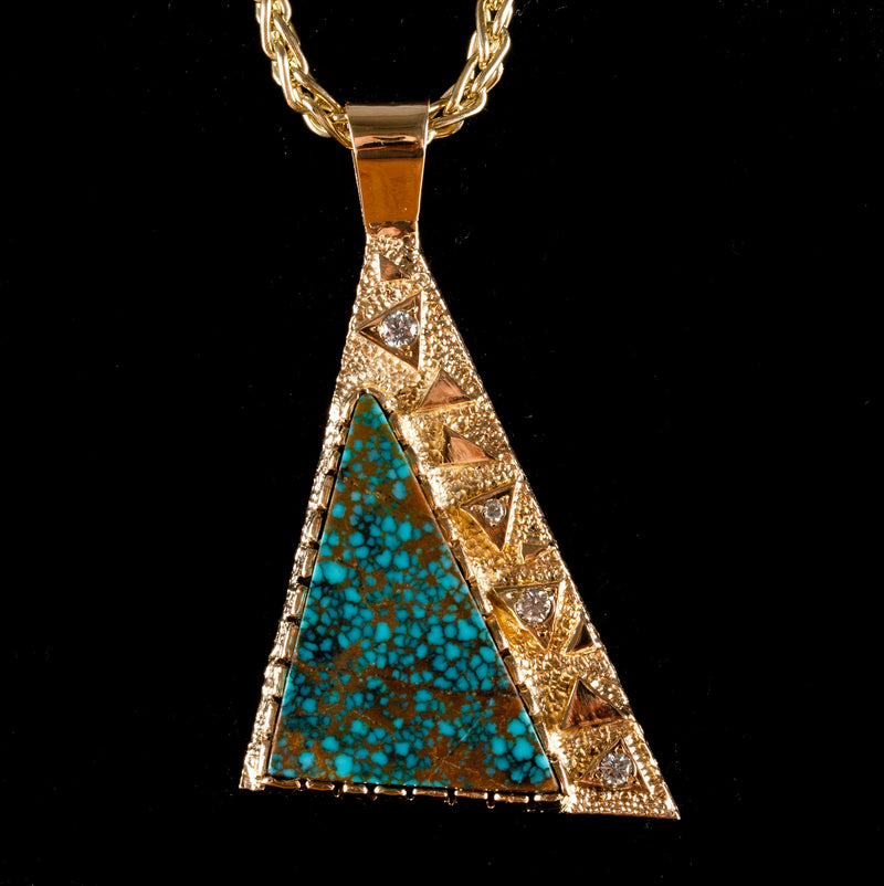 14k Yellow Gold Landers Blue Turquoise & Diamond Pendant W/ 30" Chain .22ctw