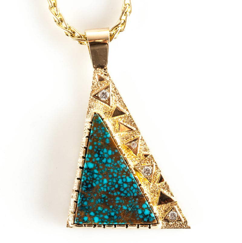 14k Yellow Gold Landers Blue Turquoise & Diamond Pendant W/ 30" Chain .22ctw