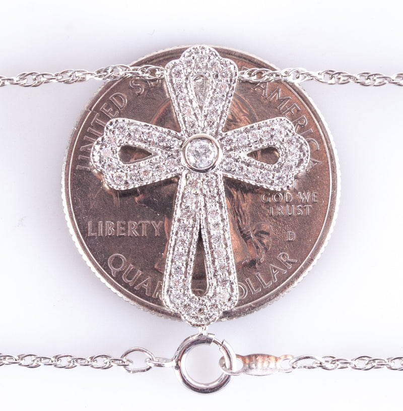 14k White Gold Round Diamond Cross Pendant W/ 20" Chain .70ctw