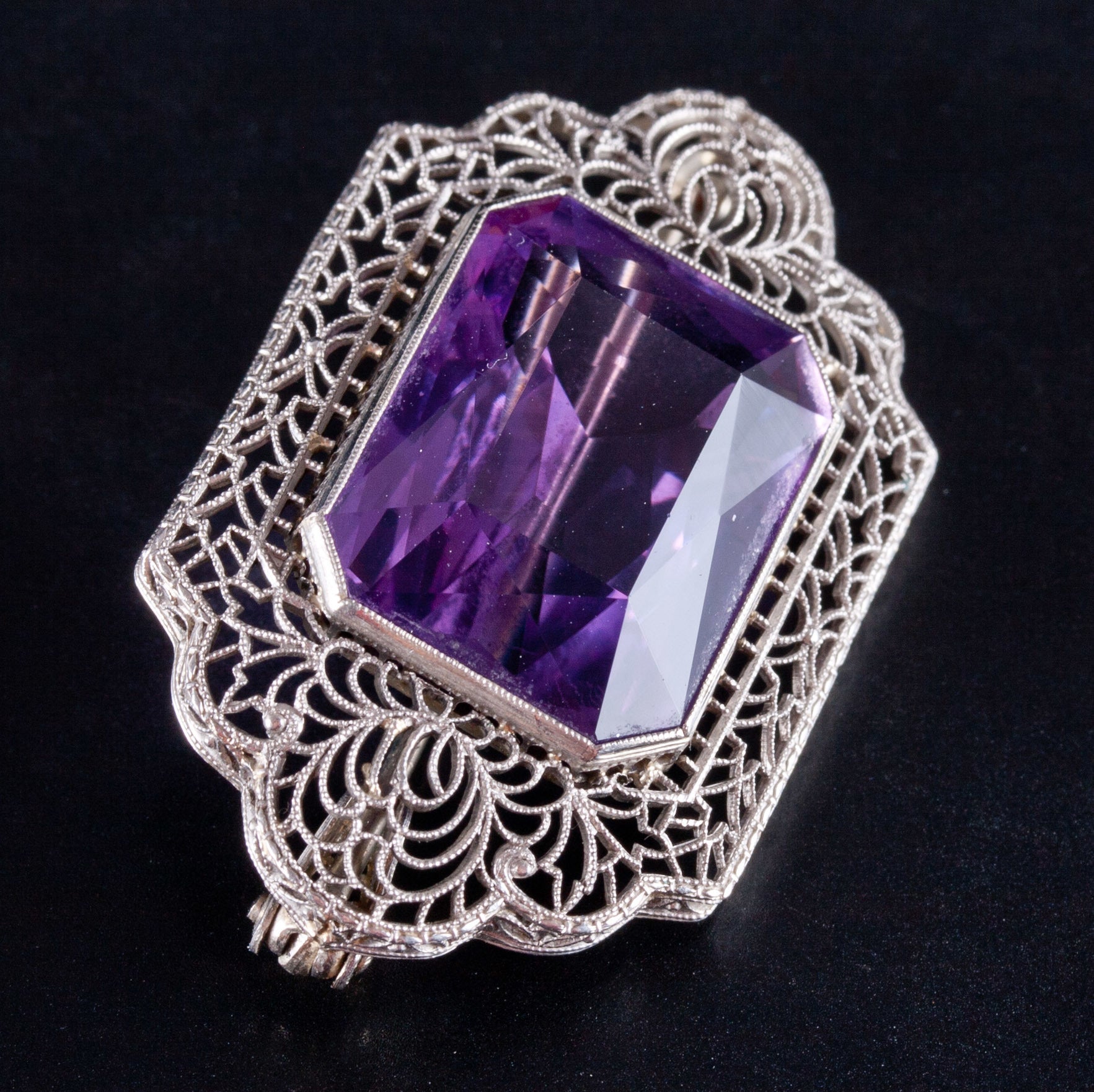 Vintage 1920's 14k White Gold Amethyst Solitaire Brooch Pendant Combo