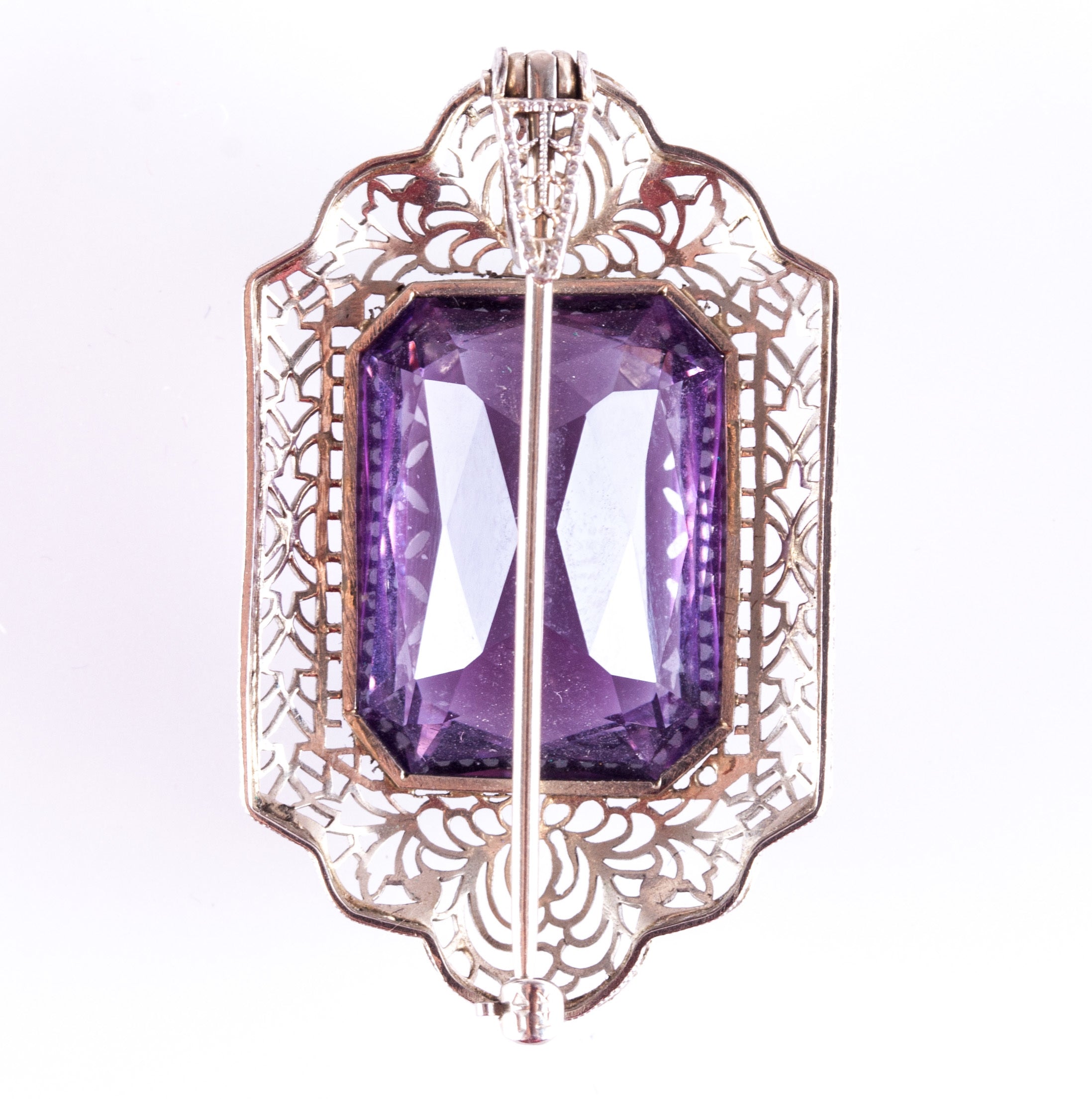 Vintage 1920's 14k White Gold Amethyst Solitaire Brooch Pendant Combo