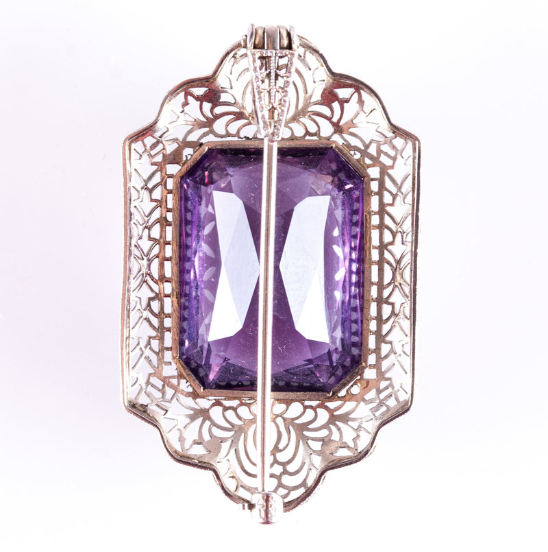 Vintage 1920's 14k White Gold Amethyst Solitaire Brooch Pendant Combo 17.25ct