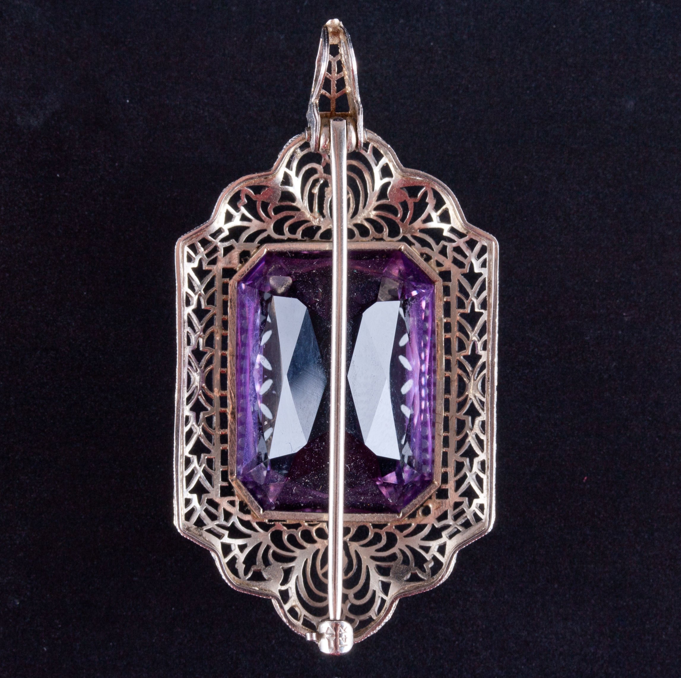 Vintage 1920's 14k White Gold Amethyst Solitaire Brooch Pendant Combo
