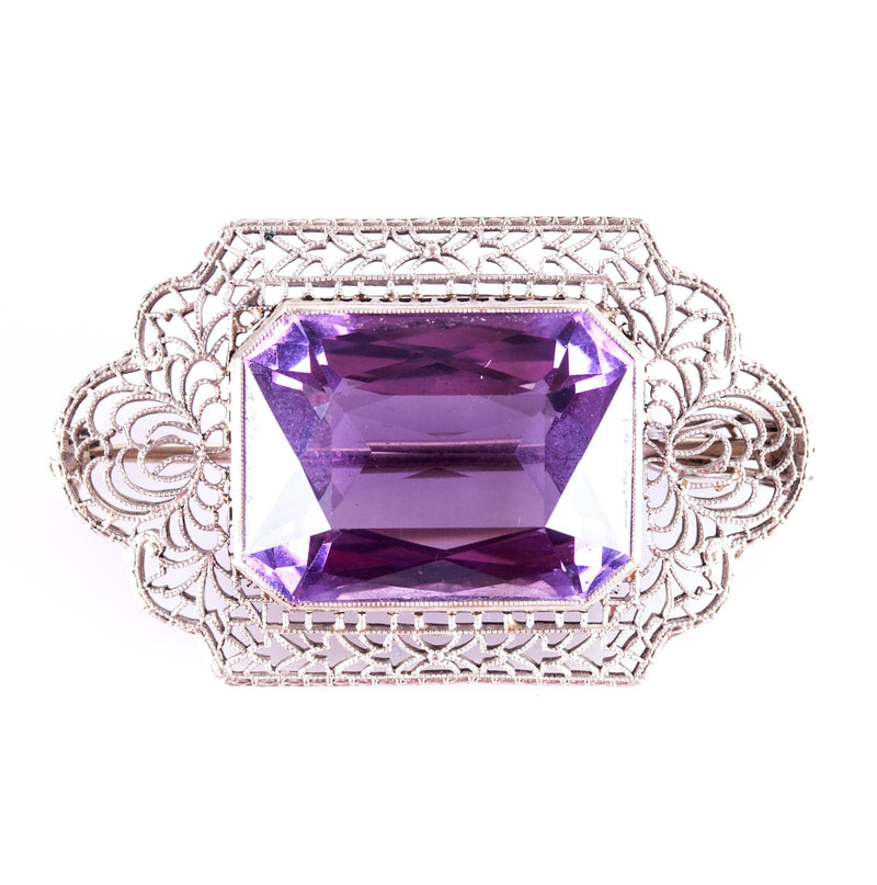 Vintage 1920's 14k White Gold Amethyst Solitaire Brooch Pendant Combo 17.25ct