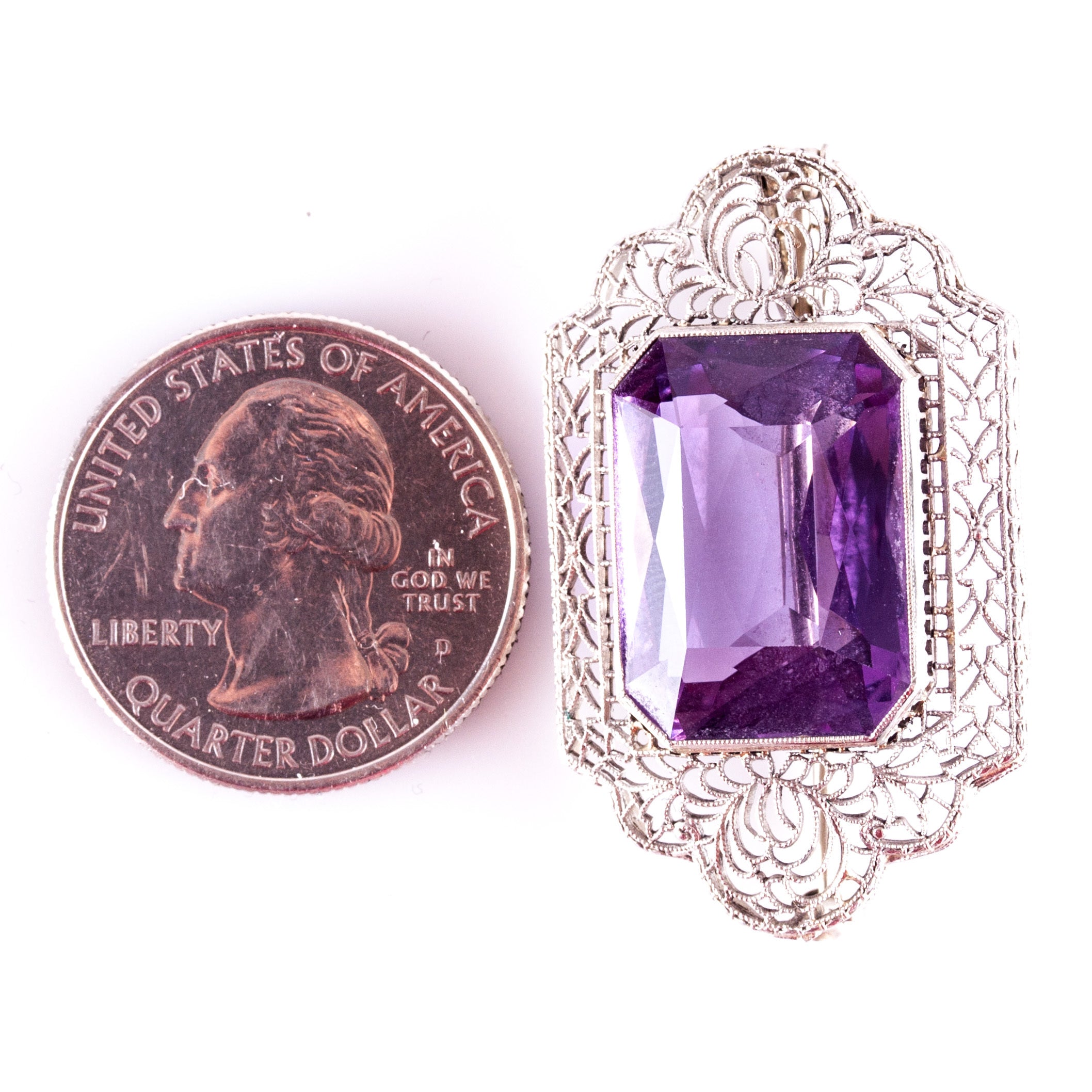 Vintage 1920's 14k White Gold Amethyst Solitaire Brooch Pendant Combo