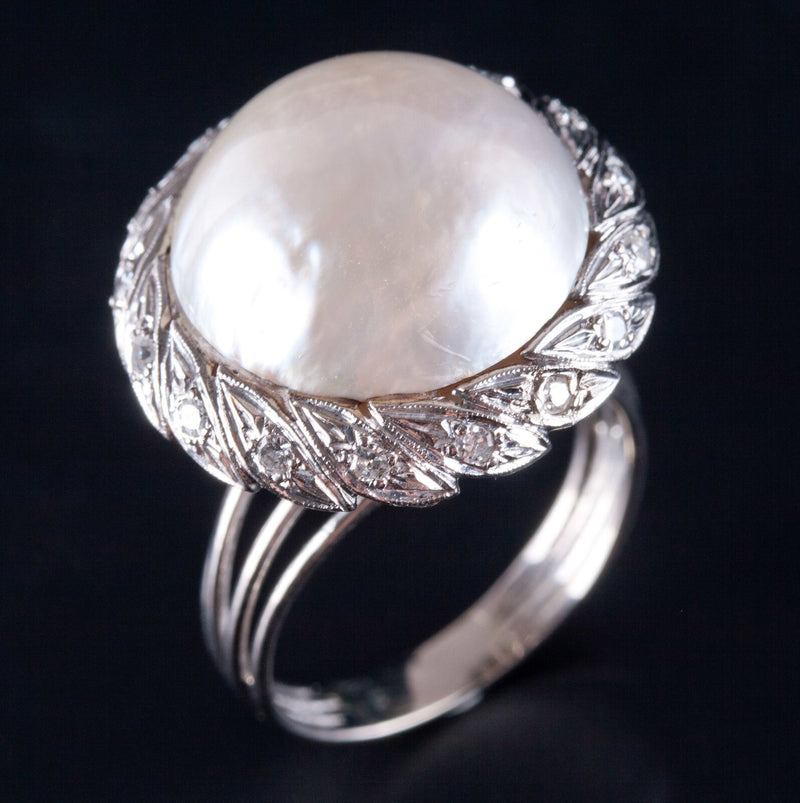 Vintage 1960's 14k White Gold Round Cultured Pearl & Diamond Ring .24ctw