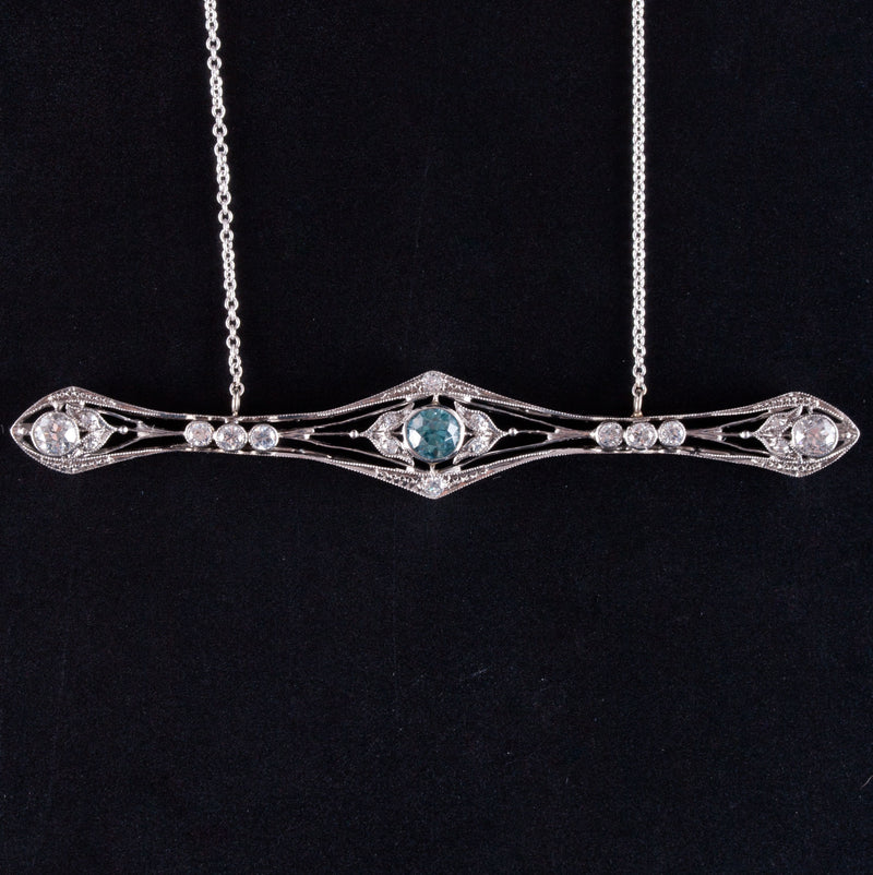 Vintage 1920's 14k White Gold Aquamarine & Diamond Necklace 1.14ctw 19.5" Chain