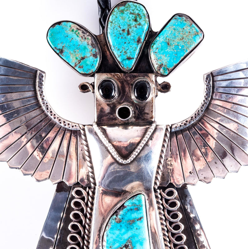 Vintage 1970's Sterling Silver Turquoise & Onyx Navajo Eagle Dancer Bolo Tie