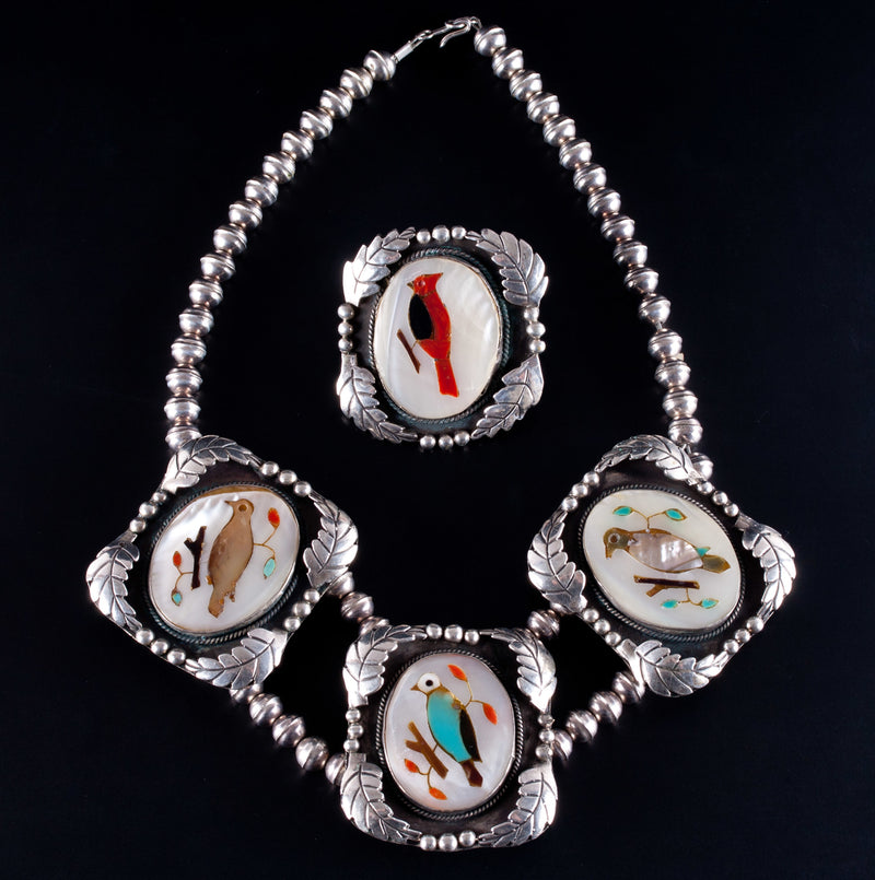 Vintage 1970's Sterling Silver Navajo Native American Squash Blossom Ring Set
