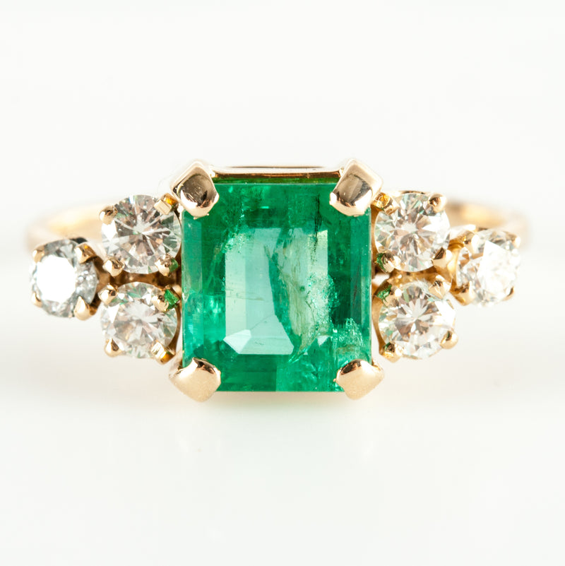 14k Yellow Gold Emerald Solitaire Cocktail Ring W/ Diamond Accents 2.18ctw