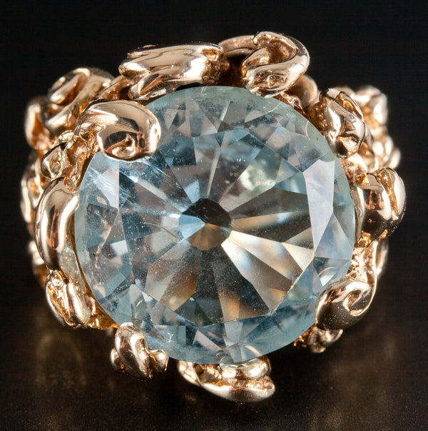 Vintage 1960's 14k Yellow Gold Round Aquamarine Solitaire Cocktail Ring 9.06ct