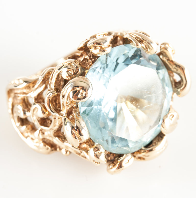 Vintage 1960's 14k Yellow Gold Round Aquamarine Solitaire Cocktail Ring 9.06ct