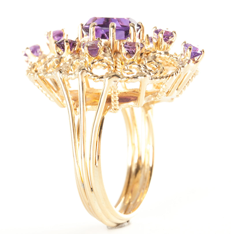 14k Yellow Gold Oval & Round Amethyst Cocktail Ring 2.70ctw Size 7.5