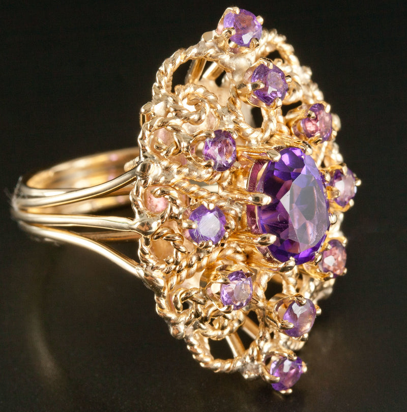 14k Yellow Gold Oval & Round Amethyst Cocktail Ring 2.70ctw Size 7.5