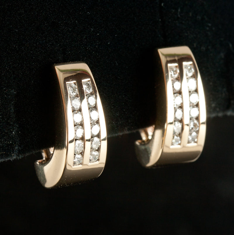 14k Yellow Gold Round Diamond Huggie Style Earrings W/ Omega Backs .72ctw