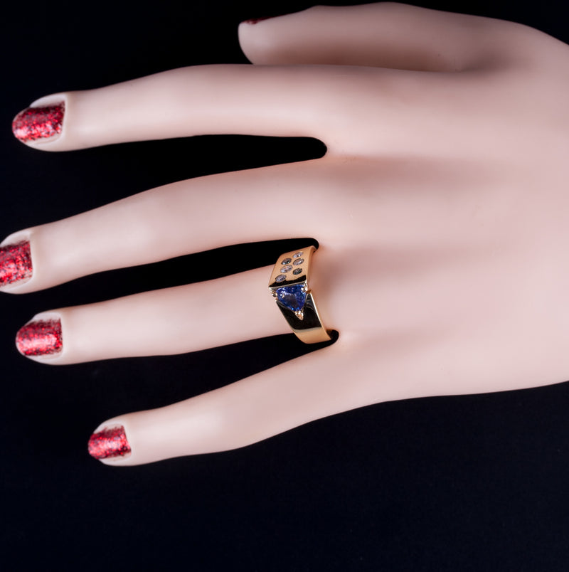 Unique 18k Yellow Gold Trillion Tanzanite & Diamond Cocktail Ring 1.20ctw 9.21g